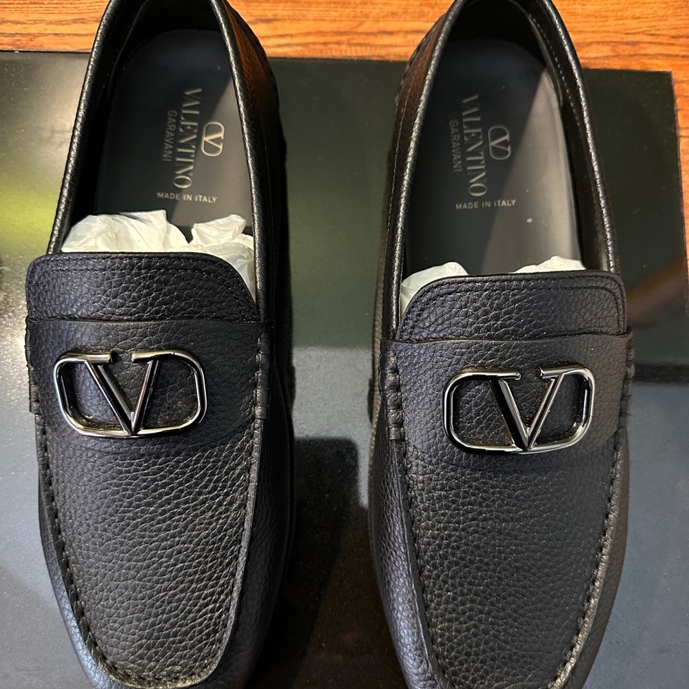 Valentino Black Leather Slip-On Loafers